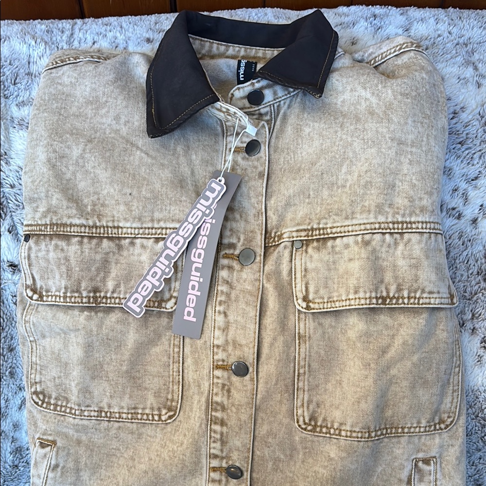 Missguided Beige Denim Jacket with Black Collar